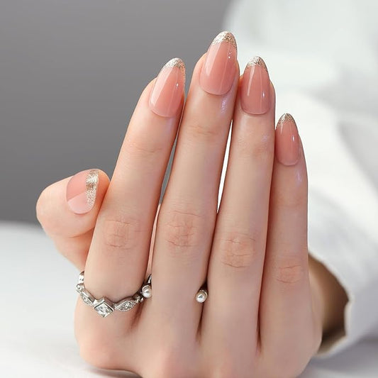 XZMeiLun Press On Nails Spring Acrylic Nails for Women - Gold French Glitter Designer Fake Nails Short Almond 24PCS, Glossy Soft Gel with Glue, Outdoor Picnic/Wedding/Party Reusable Stick On Nails