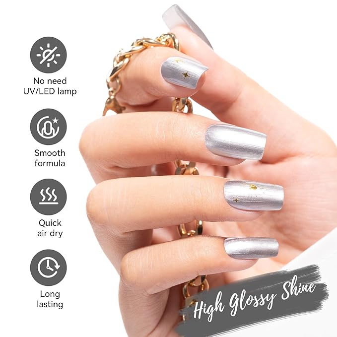 Nailshion Metallic Silver Nail Polish with Base Top Coat, 3 IN 1 Nail Strengthener Quick Dry Clear Nail Polish Duo, Opaque, Non-Gel, Vegan, Liquid Silver Glossy Chrome Nails Art Gift for Women Girls