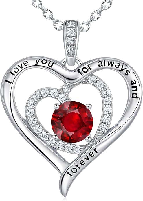 S925 Sterling Silver Necklace for Women, Valentines Day Gifts for Her, Love Heart Birthstone Necklaces for Women, Wife Jewelry, Mom Birthday Valentines Mothers Day Gifts, Girlfriend Necklaces, Daughter Heart Jewel, Anniversary for Her