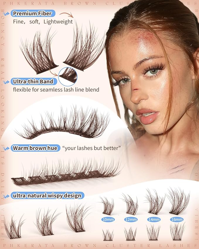 PHKERATA Brown Lash Clusters Wispy Cluster Eyelash Extensions Natural Eyelash Clusters 180Pcs Brown Lashes Clusters 10-16MM DIY Soft Individual Lashes C Curly Eyelash Extension