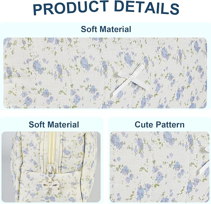 Quilted Makeup Bag Floral Cotton Make up Bag Puffy Coquette Makeup pouch Aesthetic Cute Travel Toiletry Bag for Women Girls