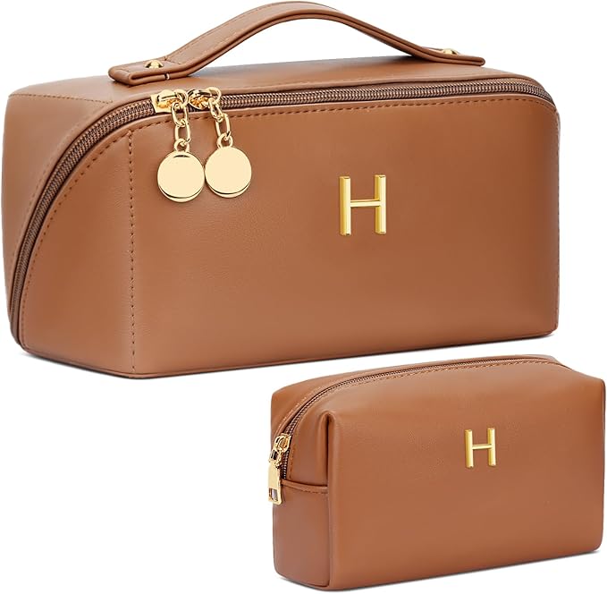 Valentine's Day Gifts for Women Teen Girl, Personalized Initial Makeup Organizer Bag Set, Open Flat Travel Cosmetic Bag With Clear Divider and Handle(Brown,H)