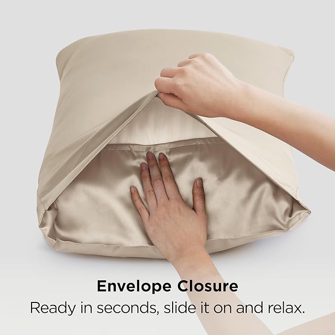 Bedsure Satin Pillowcase 2 Pack Similar to Silk Pillow Cases Standard Size, Pillow Case for Sleeping Women with Envelope Closure, Gifts for Women Men, Khaki, 20x26 Inches, 2pcs