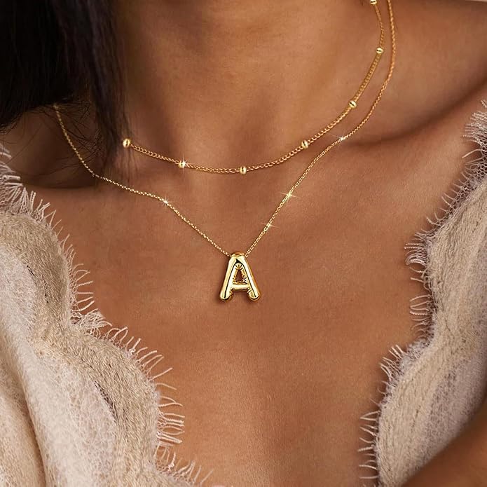 PANSHI Gold Initial Necklaces Gifts for Teen Girls Women Girlfriend Teen Girl Gifts Trendy Stuff Layered Bubble Letter Necklace Gold Jewelry Birthday Gift