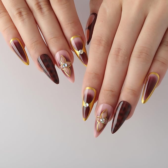 XZMeiLun 3D Brown Flowers Press On Nails Almond Short, 3D Pattern Designer Reusable Acrylic Nails Press Ons, Fake Nails With Glue On, Daily Wear Floral False Nails For Women