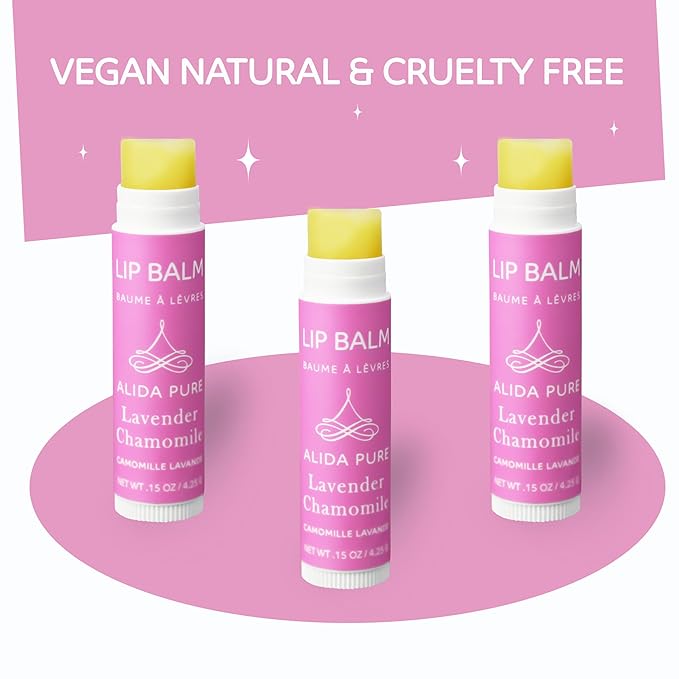 Lavender Chamomile Lip Balm Collection, Vegan Set, Beeswax Free, with Organic Jojoba and Avocado Oil, Vitamin E, Natural Moisturizer for Dry, Chapped Lips, 3 Tube Set
