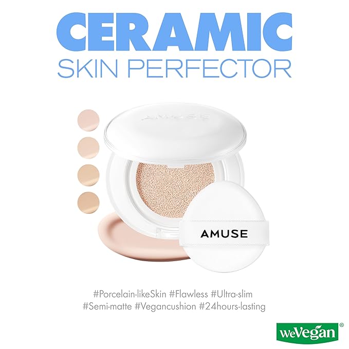 Amuse SEOUL Ceramic Skin Perfector Cushion Foundation (03 HONEY) | Long-lasting, Lightweight, Semi-matte, Flawless Coverage, Hypoallergenic, Vegan, Korean Beauty (15g / 0.52oz.)