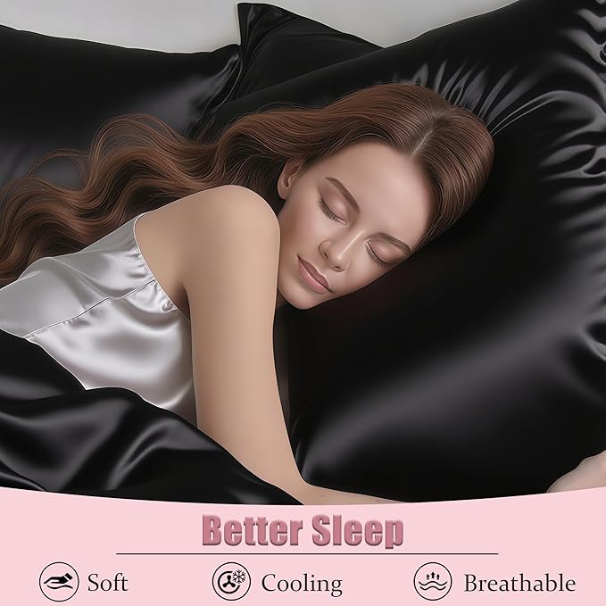 Mulberry Silk Body Pillow Pillowcase with Zipper, Ultra Smooth Soft Breathable Cooling Pillow Cases for Hot Sleepers, Silk Satin Body Pillow Cover for Hair and Skin (Black, 20×54 Inches, 1 Pack)
