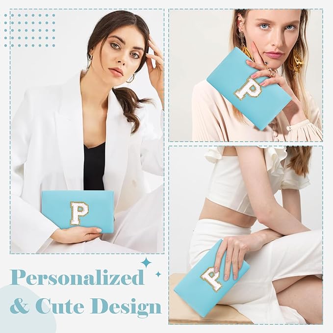 Small Personalized Initial A-Z Preppy Patch Makeup Bag,PU Chenille Letter Travel Cosmetic Pouch with Zipper,Blue Cute Toiletry Bag,Gift Ideal for Teen Girls Women Teacher Bridesmaid,Letter P