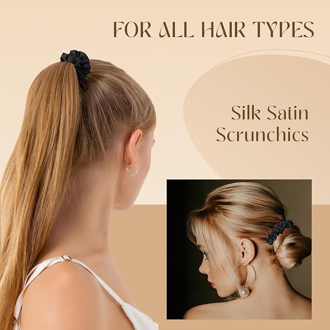 Scrunchies for Women,Silk Satin Hair Scrunchies,Elastic Strengthening Hair Ties,Ponytail Holder Suitable for Thick Thin Hair,Luxury Scrunchy for Girls (8 PCS Black)