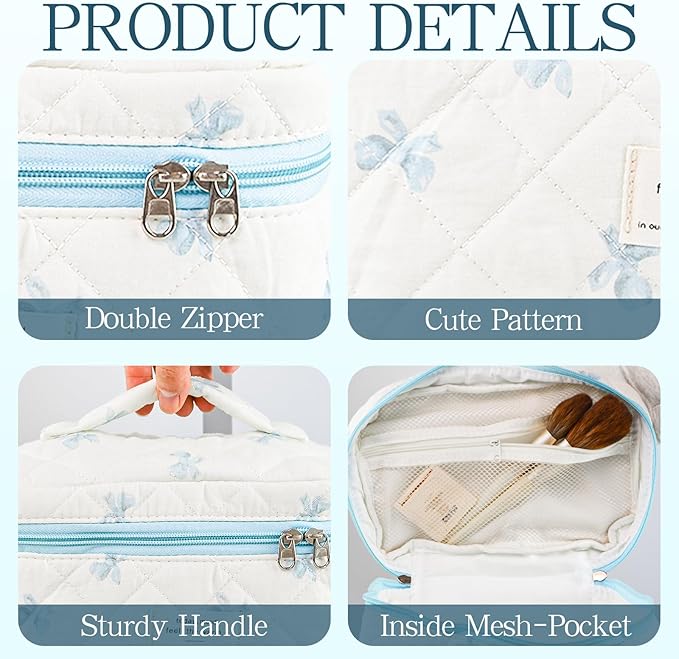 Makeup Bag, 3 PCS Quilted Makeup Bag, Cute Floral Cotton Cosmetic Bag set, Coquette Makeup Pouch Large Travel Toiletry Bag
