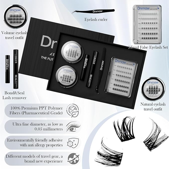 Luxury Lash Clusters Kit - Wispy & Fluffy Cluster Eyelash Extensions 8-16mm, 150H Wear | Korean Hypoallergenic PBT Fibers, Waterproof Glue & Seal | Gift Ready Premium Box (Mix-black box)