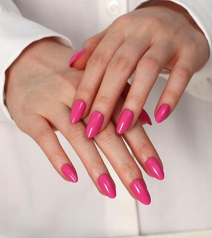 Morily 30Pcs Hot Pink Press on Nails Almond, Short Fake Nails Glossy Acrylic False Nails Reusable Full Cover Stick on Nails for Women, 15 Sizes, Thicker Fingertips