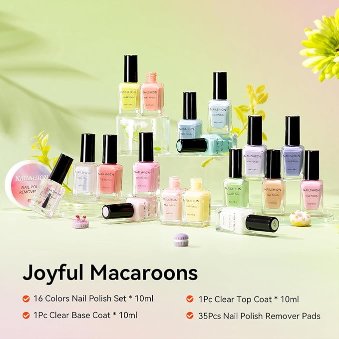 Nailshion Pastel Nail Polish Set-16 Colors Macaron Pink Blue Yellow Nude Pink Purple Air Dry Nail Polish Set with Base Top Coat & Remover Pads,Vegan, Non-gel Air Dry DIY Nail Art Salon Gift for Women