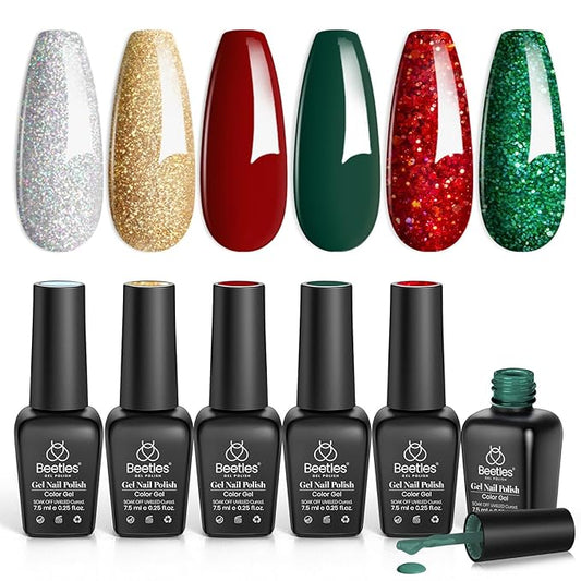 Beetles Gel Nail Polish Set - Valentines Holly Berries 6 Colors Gel Nail Kit with Sparkle Glitter Red Green Gold Silver Shades Holiday Nail Art Gift for Women Soak Off UV LED Nail Gel