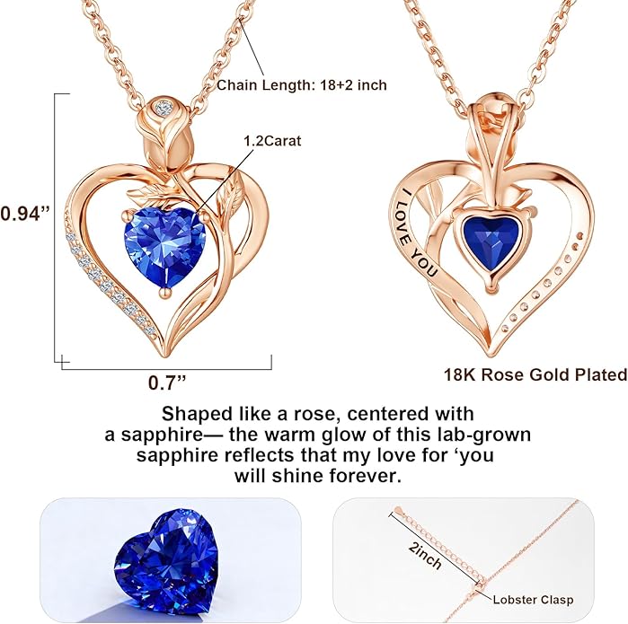 1.2CT Rose Heart Necklace Option of Moissanite or Lab-Grown Sapphire Ruby Emerald&More Necklace for Women Birthstone Girlfriend Necklace S925 Sterling Silver 18K White/Rose Gold Plated D Color VVS1 Gift for Wife Mother Daughter for Birthday Anniversary...