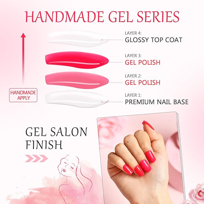 Gel Nail Polish Press on Nails Short, Handmade Hot Pink Fake Nails Medium Square Shape UV Jelly Finish Glue on Nails for Women Acrylic False Nail Kits Stick on nails Reusable Full Cover by GLAMERMAID,