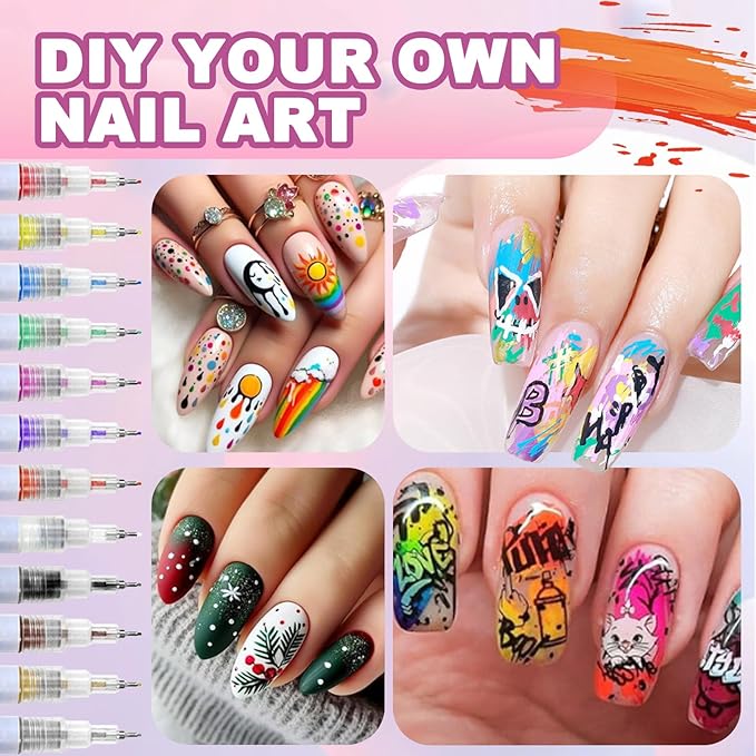 MKNZOME Nail Art Pens Set, 12 Color 0.5 MM Nail Art Markers Nail Polish Pens Drawing Painting Point Liner Painted Kit, Waterproof and Quick-drying Nail for DIY Design Manicure Tools