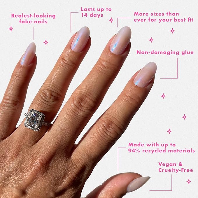 Olive & June Instant Mani Press-On Nails | (Glue) Medium, Oval 42 Fake Nails, 21 Sizes | Non-Toxic, Long-Lasting Recycled Materials Realistic Look | Salon-Quality at Home | Pink Goldfish