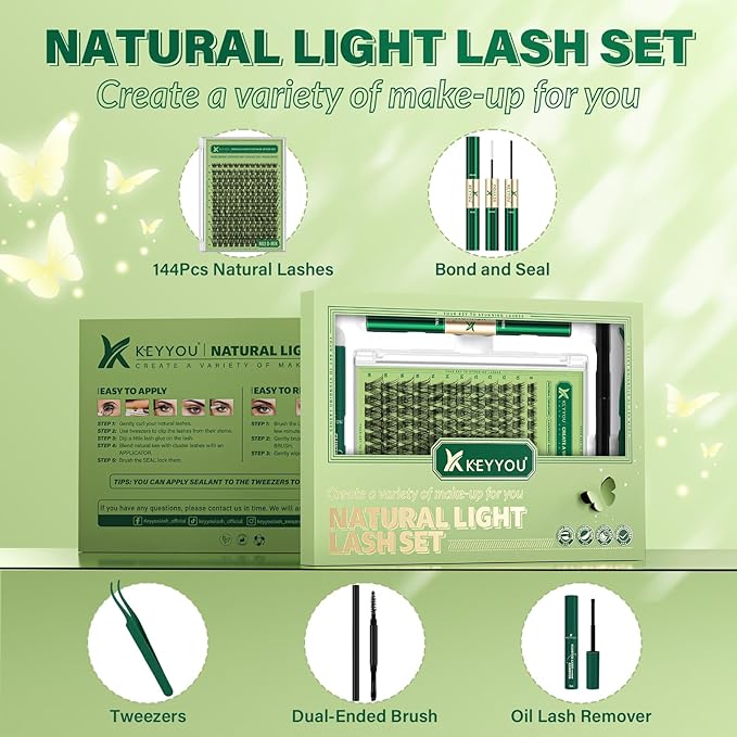 Natural Lash Clusters Kit 144Pcs DIY Lash Extension Kit Wispy Eyelash Extensions Kit D Curl 8-18MIX with Bond and Seal and tweezers with Thin Lash Band by KEYYOU（KIT-N02-D-8-18MIX）