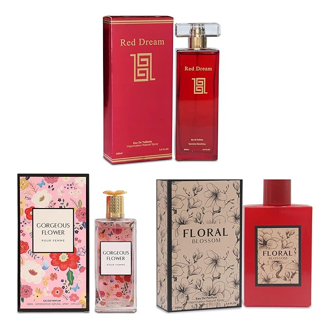 A CENTER Perfume Set for Women - 3PCS Floral Long Lating Fragrance with Jasmine, Rose & Lily of the Valley | 3.4 Fl Oz Each Women Cologne Gift Set (Gorgeous Flowers/Floral Blossom/Red Dream)