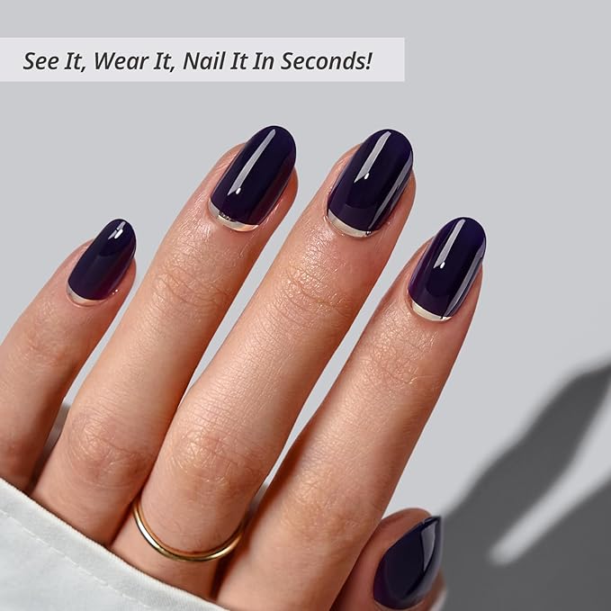 BTArtbox Press On Nails Oval - Vintage Silver, Dark Blue Silver Foil Short Press On Nails with Glue and Adhesive Tabs for Women, Soft Gel Glue On Nails in 16 Sizes - 32 Stick On Nails Kit
