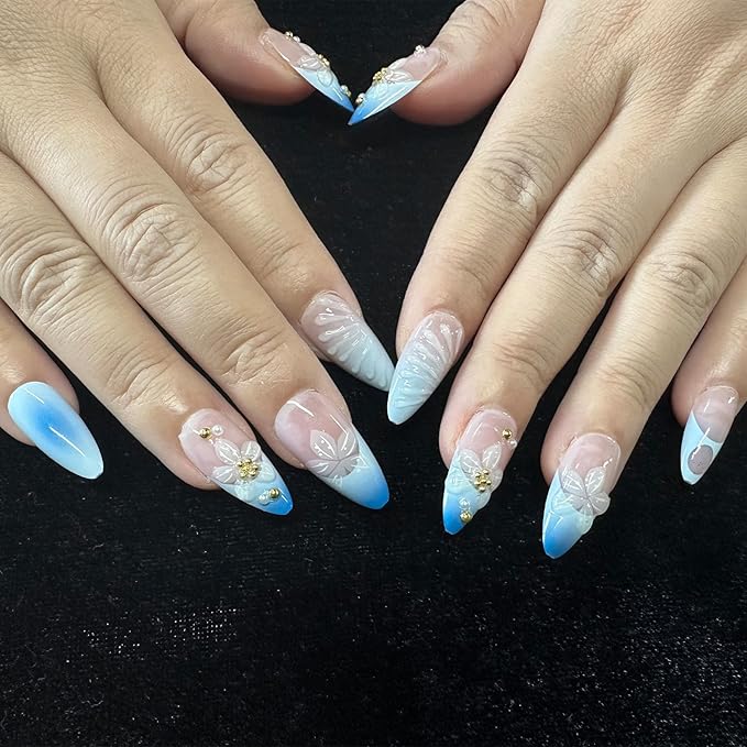 JONKASIPA Almond Press on Nails 3D Flower Stick on Nails French False Nails Acrylic Nails Glossy Artificial Nails Full Cover Glue on Nails for Women 24Pcs