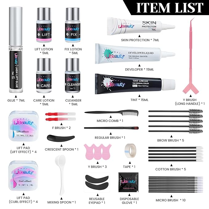 Libeauty Lash Lift and Color Kit Black, 4-in-1 Eyelash Perm and Brow Lamination Set with 15ml Large Volume Black Cream, DIY Eye Lash Wave and Brow Setting Tools for Home Use, 4 Weeks Curl & Definition