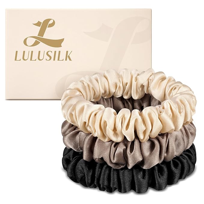 LULUSILK Small Silk Hair Ties No Damage, 100% Real Mulberry Silk, Skinny Scrunchies Ponytail Holders for Thin Fine Hair, Black Ivory and Brown, Pack of 3
