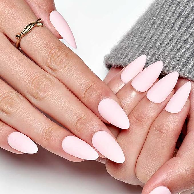 GLAMERMAID Light Pink Press on Nails Medium Almond, Spring Summer Nude Neutral Velvet Dull Gel Glue on Nail Stiletto, Matte Fake Nails Short Oval，Reusable Acrylic Stick on False Nail Kits for Women