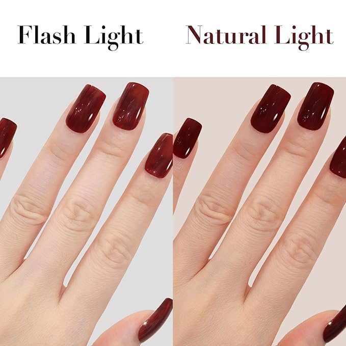 GLAMERMAID Burgundy Press on Nail Medium Square, Dark Red Handmade Jelly Soft Gel Nail Square Fake Nail, Glossy Stick Glue 0n Nail Kit for Women, Reusable Stick on Acrylic Fake Nail Manicure Set