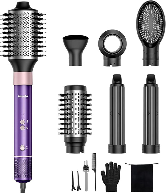 Vincofy 7-in-1 Hair Dryer Brush and 1500W Hair Styler Set – Fast Drying, Curling, Straightening & Volumizing – Hot Air Styling Tool with No Heat Damage – for All Hair Types – Purple