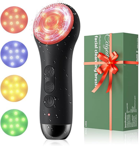 Face Scrubber Facial Cleansing Brush - Waterproof and Rechargeable Face Cleansing Brush with 4 LED Gentle Light, Cleansing, Exfoliating and Massaging, Electric Face Scrub Brush for Men & Women