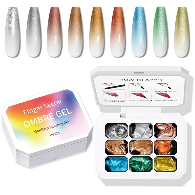 Karroy Chrome Metallic Gel Polish, Ombre Nails Colors Palette, Gold Silver Effect 3D Metal Painting Gel Nail Art Reflective Glitter Holographic Liner Sparkling No Wipe UV LED Cured (9 Colors M)