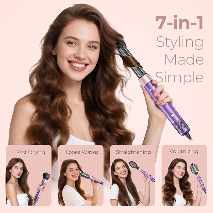Vincofy 7-in-1 Hair Dryer Brush and 1500W Hair Styler Set – Fast Drying, Curling, Straightening & Volumizing – Hot Air Styling Tool with No Heat Damage – for All Hair Types – Purple