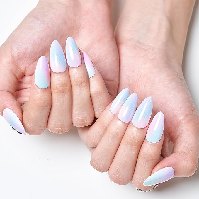 GLAMERMAID Press on Nails Medium Almond, Purple Blue Ombre Gel Glue on Nail, Colorful Cloud Glossy Short Stiletto Reusable UV Finish Fake Nails, Hazy Acrylic False Nails Manicure Kits for Women