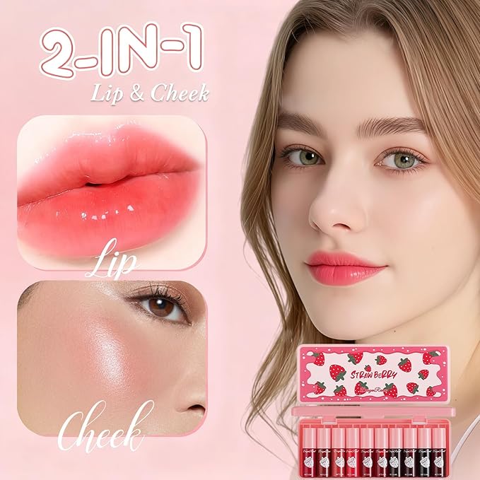 10 Colors Lip Stain Tint Set, Korean Lip Gloss for Women, Watery Mini Liquid Lipstick Long lasting, Lightweight, Multi-Use Lip and Cheek Tint, High Pigment, Vivid Color Lip Makeup