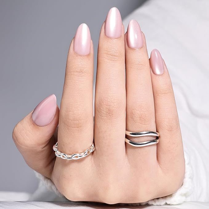 Leefrei Cat Eye Press On Nails - Glazed Soft Pink Press On Nails Short Almond Nails Press Ons for Women Fake Nails with Glue, Glossy Reusable Glue on Nail in 16 Sizes - 32pcs, Petal Pink