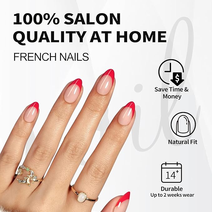 SHANGMENG Red French Tip Press on Nails Short - Soft Gel Valentines Almond Nails for Women Gift, Fit Perfectly & Natural Glue on Nails with Glue in 16 Sizes - 32 Reusable Fake Nails, Red French