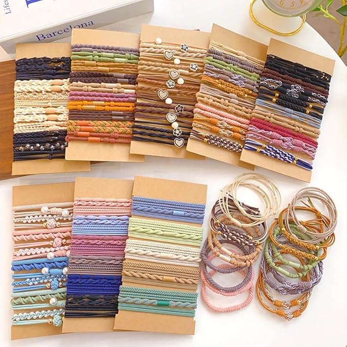 Multistyle Hair Ties Set: Gentle High Elasticity Ponytail Scrunchie Bracelet for Women (30-Bamboo Cool Colors Set:32, One Size)