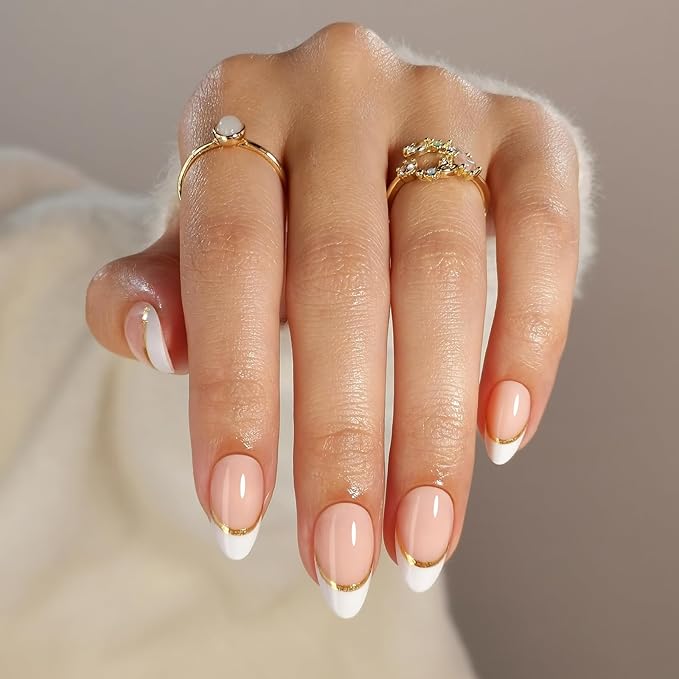 SHANGMENG White French Tip Press on Nails with Gold Line Design - Soft Gel Valentines Almond Nails Short for Women, Glossy Glue on Nails with Glue in 16 Sizes - 32 Reusable Fake Nails, Gold Ribbon