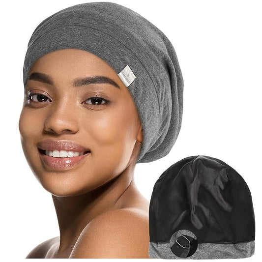 YANIBEST Silk Satin Bonnet Hair Wrap for Sleeping, Adjustable Slouchy Beanie for Women, Silk Lined for Curly Hair and Braids, Dark Grey