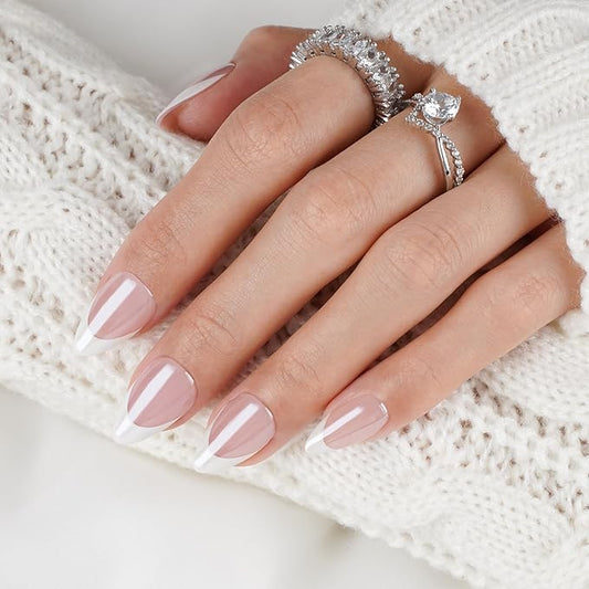 Canvalite French Tip Press On Nails Short, Chrome Almond Press on Nails Reusable Acrylic Fake Nails with Glue & Glue Remover Easy to Use 30Pcs Manicure Kit for Women, Natural White