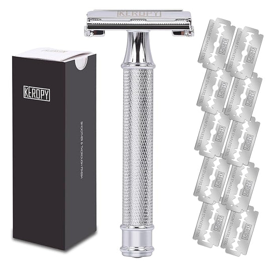 Safety Razor for Men, Premium Stainless Steel Butterfly Open Comb DE Razor, Weighted Heavy Handle with 10 Double Edge Blades, Mirror Polished Silver - Luxury Gift Set for Dad, Groom