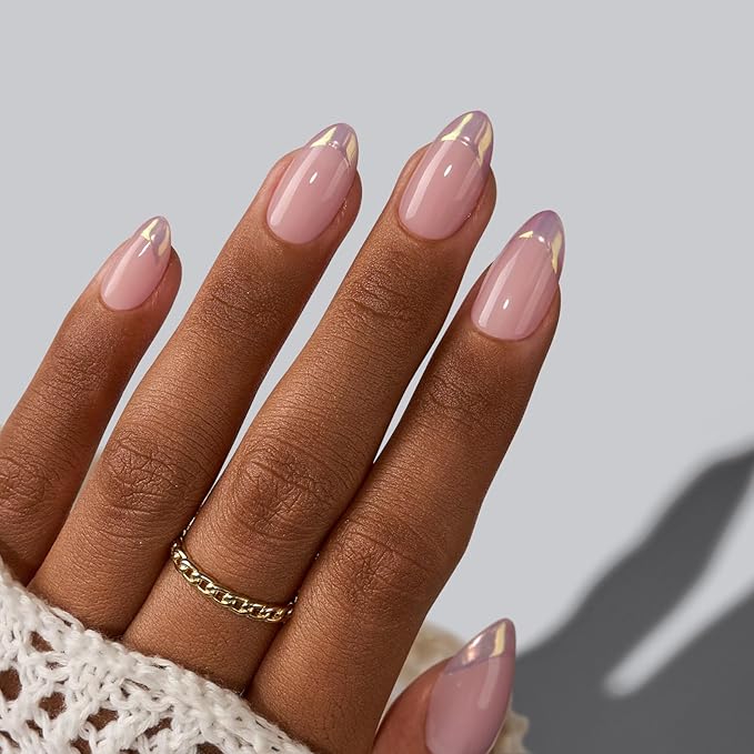BTArtbox French Tip Press On Nails Almond - Press on Nails Short with Metallic Chrome Silver Finish, Supremely Fit & Natural Glue On Nails in 16 Sizes, Dazzling Pink