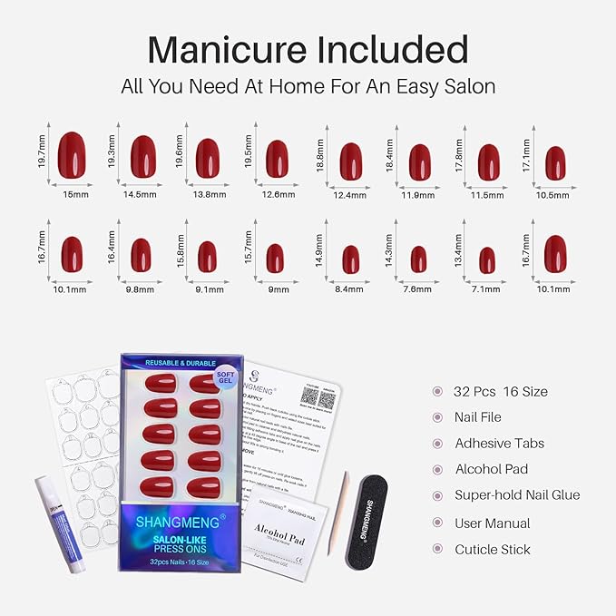 SHANGMENG Red Press on Nails Oval for Women Gift - Soft Gel Valentines Press on Nails Short with Glue, Fit Perfectly & Natural Glue on Nails in 16 Sizes - 32 Reusable Fake Nails, Cherry Red
