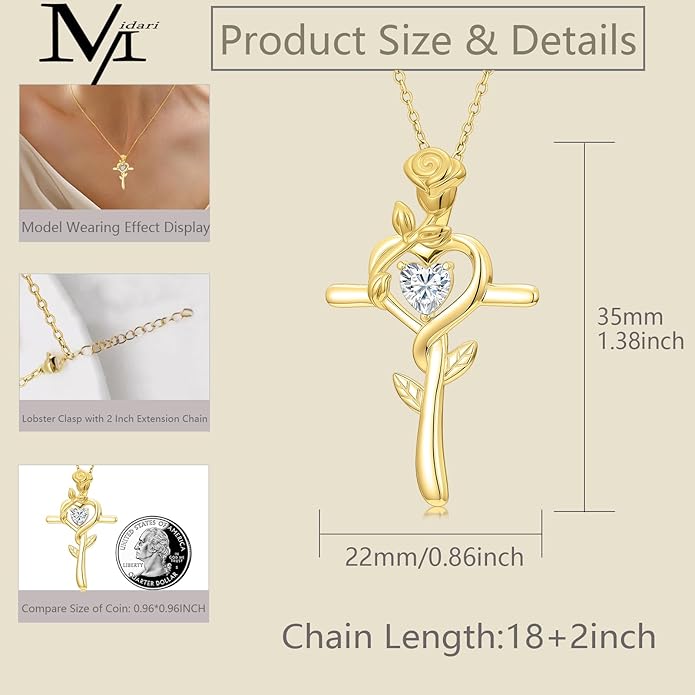 Midari 18K Yellow Gold Cross Pendant Rose Birthstone Necklaces for Women Christian Cross Jewelry with 12 Months Birthstone Birthday Gifts for Wife Her Daughter Mom