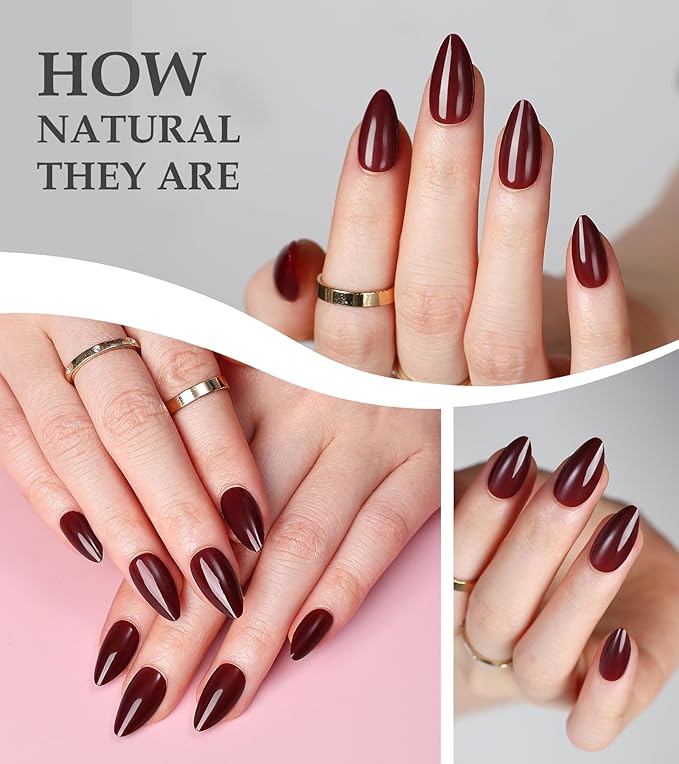 Morily Short Press on Nails Almond, 30Pcs Burgundy Fake Nails in 15 Sizes Glossy Wine Red False Nails Reusable Acrylic Stick on Nails for Women