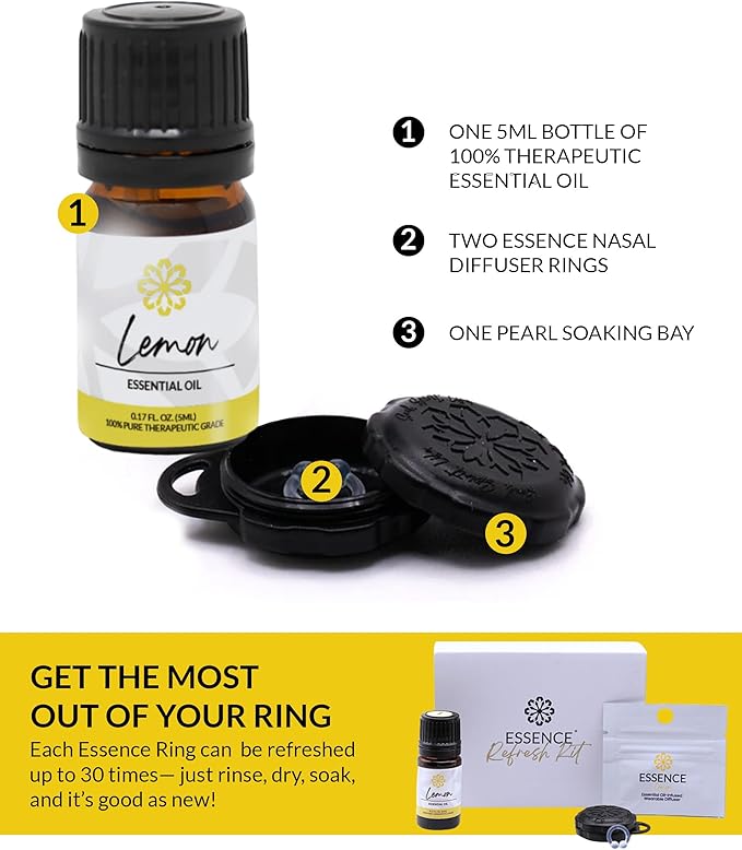 Essence Wearable Aromatherapy Nasal Diffuser – Lemon Essential Oil Nose Ring Silicone Inhaler for Stress & Mood Support - Made in USA & Travel-Friendly