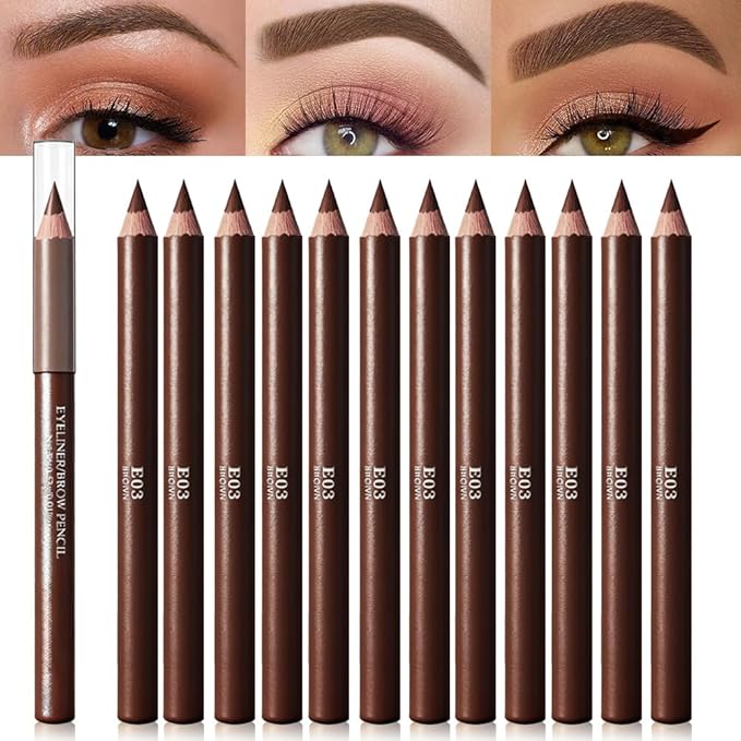 Eyebrow Pencils for Women, 12Pcs Hard-Core Wooden Eye Brow Eye Liner Pencils for Beginner Makeup, Black Coffee Brown Colors, Waterproof & Sweat-Proof (Brown-12 Pcs-E03)